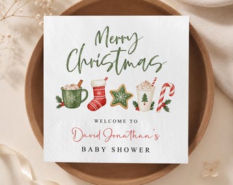 Personalized Christmas Baby Shower Napkins, Hot Cocoa Cookie Holiday Party, Candy Cane Festive Family Gathering Decor, Custom Winter Welcome