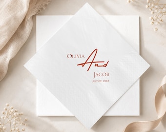 Personalized Names and Date Wedding Napkins, Terracotta Minimalist Reception Decor, Rust Elegant Script Tableware, Engagement Party Goods