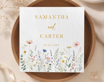 Personalized Wildflower Wedding Napkins, Colorful Meadow Floral Reception Decor, Gold Couple Names Tableware, Spring Garden Bridal Shower