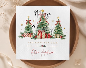 Personalized Christmas Tree Farm Napkins, Merry Christmas Happy New Year Holiday Party, Traditional Red Green Winter Gift Exchange Decor