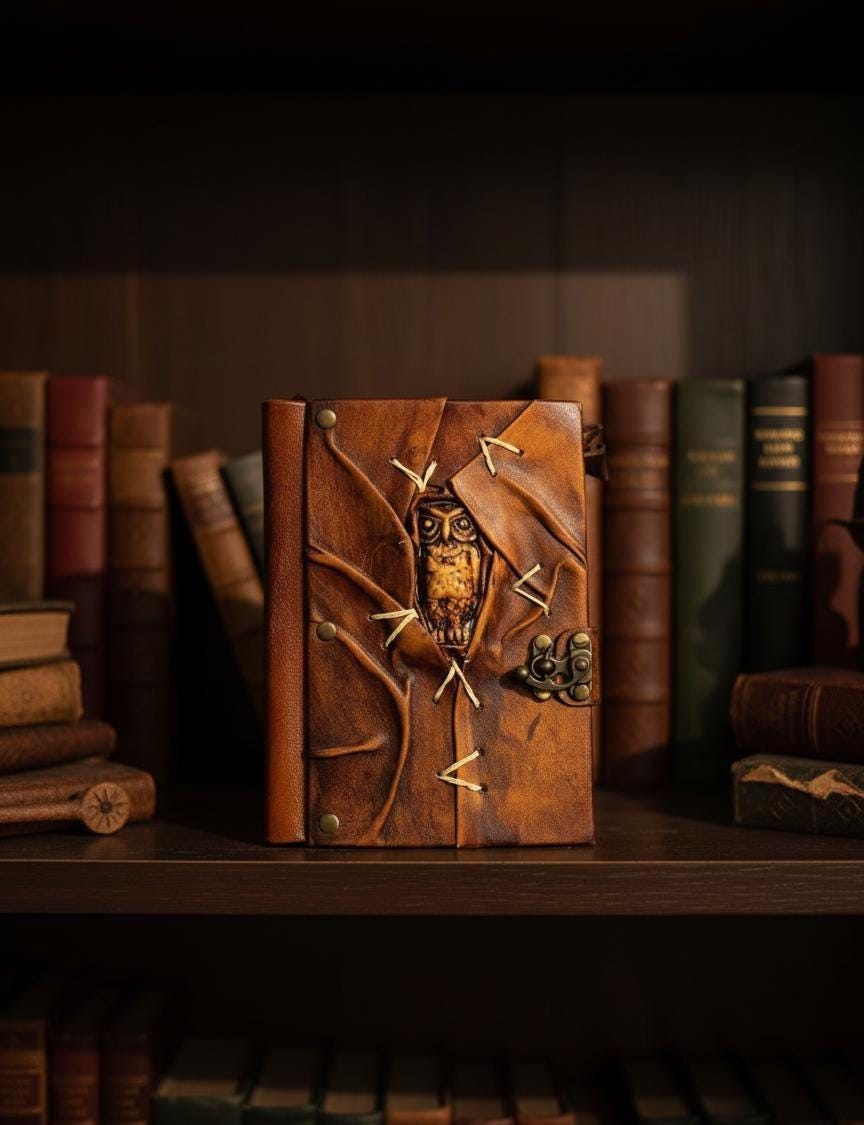 Handmade Leather Journal with Owl Design Vintage Writing Notebook Rustic Diary with Lock Unique Gift