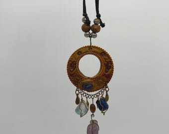 Boho Carved Circle Pendant Necklace – Natural Gemstone Dangles – Adjustable Cord – Handmade Artisan Jewelry