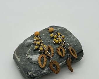 Wood Bead Dangle Earrings, Green and Yellow Boho Drop Earrings for Women
