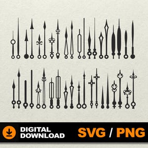 May include: A collection of black clock hands in various designs, including pointed, arrow-shaped, and ornate styles. The image features a digital download graphic with the words "SVG / PNG".