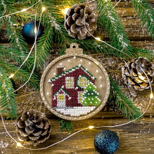 Bead Embroidery Kit on Wood by Wonderland Crafts FLK-369 - Winter Cottage with Snowman and Tree Round Holiday Ornament