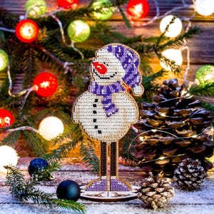 Bead Embroidery Kit on Wood by Wonderland Crafts FLK-207. Snowman Standing Decoration DIY Christmas Bead Ornament