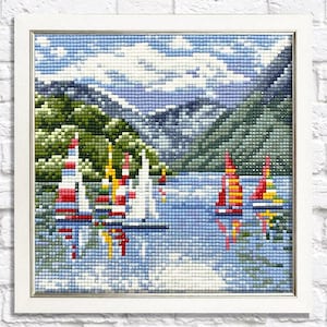 Diamond Painting Kit – Sailing Ships by Crafting Spark CS2623. Colorful Sailboats with Mountains Landscape for Handmade Gift