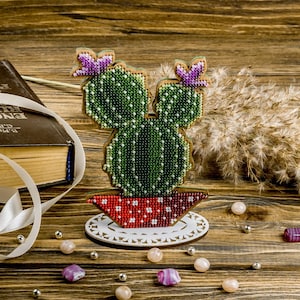 Bead Embroidery Kit on Wood by Wonderland Crafts FLK-192 - Double Cactus with Pink Flowers Beaded Wooden Decoration