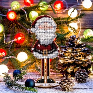 Bead Embroidery Kit on Wood by Wonderland Crafts FLK-209. Santa Claus Beaded Christmas Standing Figurine Decor