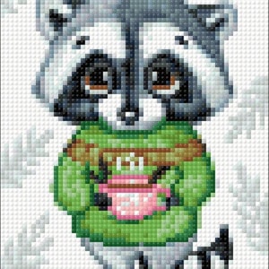 Diamond Painting Kit – Cute Racoon by Crafting Spark CS2701. Adorable Raccoon with Coffee for Animal and Nature Crafts