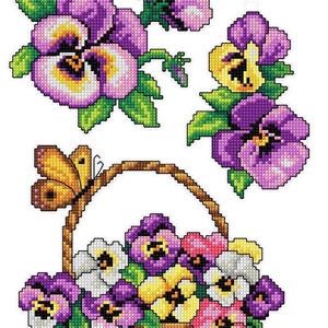 Korsstygnskit i plastkanvas – Violas av Crafting Spark 100CS. Lila och gula blommor med korg, blombroderimönster