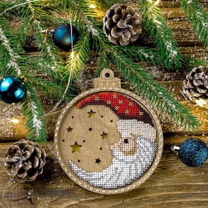 Bead Embroidery Kit on Wood by Wonderland Crafts FLK-365. Santa in the Moon Ornament with Beads for Christmas Tree Decoration