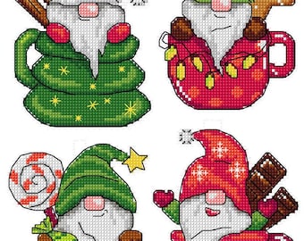 Plastic Canvas Counted Cross-Stitch Kit – Gnomes in Cups by Crafting Spark 183CS. Christmas Cocoa Mugs Embroidery Pattern