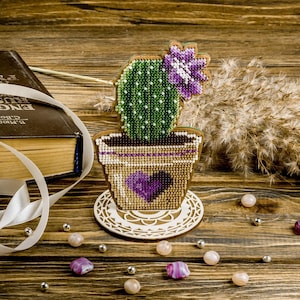 Bead Embroidery Kit on Wood by Wonderland Crafts FLK-189 - Cactus in Purple Pot with Star Flower DIY Beaded Wooden Decoration