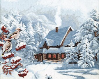 Cross-stitch Kit - Frosty Evening by Charivna Mit M-385. Snowy Cottage & Bullfinches Embroidery Pattern for Peaceful Winter Decor