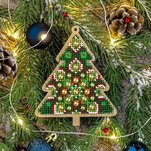 Bead Embroidery Kit on Wood by Wonderland Crafts FLK-396 - Beaded Christmas Tree with Gold and Red Points Wooden Ornament