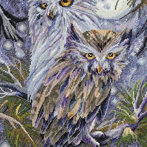 Cross-Stitch Kit - Owls by Abris Art AH-032. Wise Birds in Moonlight Embroidery Pattern for Home Decor and Relaxing Craft Projects