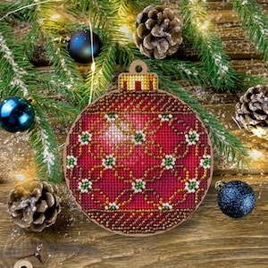 Cross-stitch Kit on Wood by Wonderland Crafts FLW-021 – Red Embroidery Ornament Pattern for Elegant DIY Christmas Tree Decor