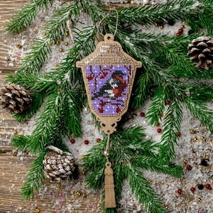 Bead Embroidery Kit on Wood by Wonderland Crafts FLK-451 - Purple Lantern with Bird Beaded Christmas Ornament