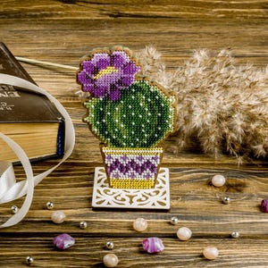 Bead Embroidery Kit on Wood by Wonderland Crafts FLK-193 - Cactus with Large Pink Flower Embroidery Bead Craft