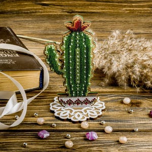 Bead Embroidery Kit on Wood by Wonderland Crafts FLK-193. Cactus with Flower Pot DIY Beaded Home Decor or Gift Idea