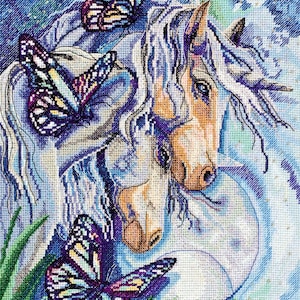 Cross-Stitch Kit - Unicorns by Abris Art AH-033. Unicorns and Butterflies Embroidery Pattern for Fantasy-Inspired DIY Needlework Projects