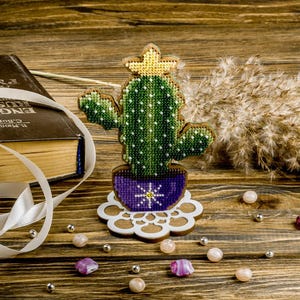 Bead Embroidery Kit on Wood by Wonderland Crafts FLK-189 - Cactus in Purple Pot with Star Flower DIY Beaded Ornament