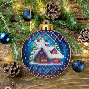 Cross-stitch Kit on Wood by Wonderland Crafts FLW-019 – Snowy Winter Cottage Embroidery Pattern for Handmade Christmas Ornament