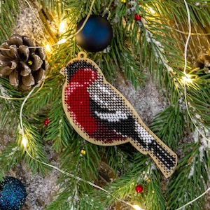 Bead Embroidery Kit on Wood by Wonderland Crafts FLK-217. Bullfinch Bird Hanging Bead Ornament for Winter Decor