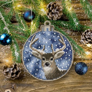 Cross-stitch Kit on Wood by Wonderland Crafts FLW-017 – Deer in Snow Forest Embroidery Ornament for Christmas Tree & Holiday Decor