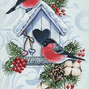 Diamond Painting Kit – Winter Bullfinches by Crafting Spark CS2584. Birds & Birdhouse Scene for Nature-Themed Crafts