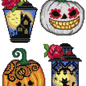 May include: Four Halloween cross-stitch designs. Features a white pumpkin with red eyes and a grinning mouth, an orange pumpkin with a carved face, and two black lanterns with spooky scenes. Each design is detailed and colourful.