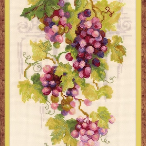 Op de afbeelding: Kruissteekkunstwerk van een tros druiven. De druiven zijn een mix van paars, roze en rood, met groene bladeren en ranken. Het kunstwerk is ingelijst in een goudkleurige lijst.
