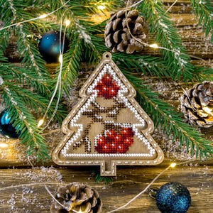 Bead Embroidery Kit on Wood by Wonderland Crafts FLK-374 - Christmas Tree with Red Berries Holiday Beaded Decor