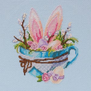 Cross-stitch kit Easter bunny by Abris Art AH-108. Spring Bunny in Flower Cup Counted Cross Stitch Pattern for Easter Decor & Gifts
