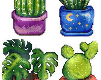 Plastic Canvas Counted Cross-Stitch Kit – Cactus by Crafting Spark 108CS. Potted Succulents Embroidery, Houseplants Patterns Set