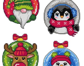 Plastic Canvas Counted Cross-Stitch Kit – Christmas Baubles by Crafting Spark 195CS. Gnome, Reindeer, Penguin, Snowman Embroidery Patterns