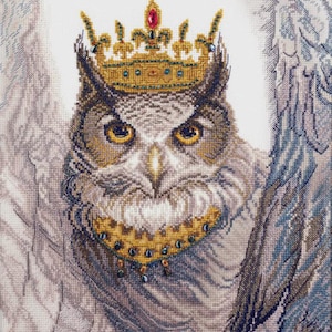 Counted Cross Stitch Kit - Owl by Charivna Mit M-540. Majestic Owl with Crown and Wings, Royal Bird Embroidery Pattern
