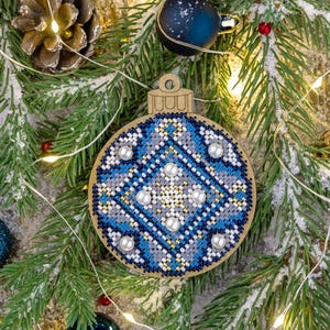 Bead Embroidery Kit on Wood by Wonderland Crafts FLK-311. Blue Ball with Pearls Beaded Christmas Ornament