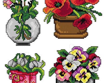 Plastic Canvas Counted Cross-Stitch Kit – Flower Pots by Crafting Spark 182CS. Floral Embroidery. Spring Garden Pattern