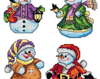 Plastic Canvas Counted Cross-Stitch Kit – Snowmen by Crafting Spark 129CS. Cute Winter Snowman Characters, Holiday Pattern