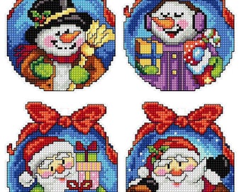 Plastic Canvas Counted Cross-Stitch Kit – Christmas Toys by Crafting Spark 109CS. Snowman and Santa with Gift Ornaments, Holiday Embroidery