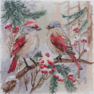 Cross-Stitch Kit Chittering about Winter by Abris Art AH-238. Winter Birds on Rowan Branch Embroidery Pattern for Seasonal Needlework