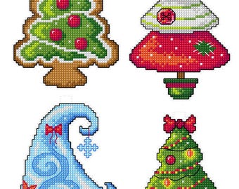 Plastic Canvas Counted Cross-Stitch Kit – Christmas Trees by Crafting Spark 141CS. Stylized Holiday Trees, Holiday Ornament Set