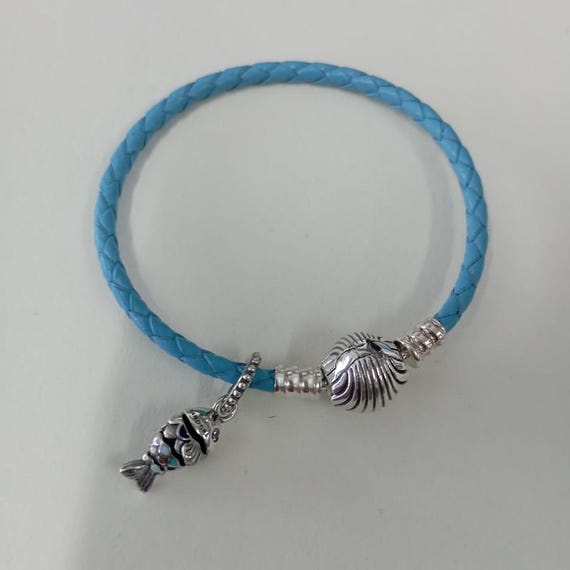 Blue Leather Pandora Blue Rope Bracelet S925 Ale Turquoise Blue Leather Pandora Moments Seashell Bracelet