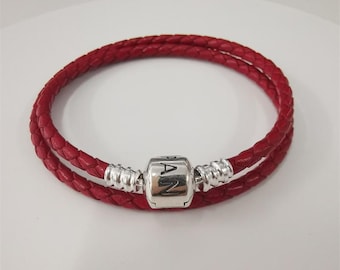 Pandora S925 dubbel geweven rode gevlochten leren armband