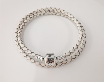 PANDORA crèmekleurige champagne gevlochten leren dubbele armband