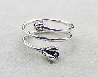 S925 Sterling Silver Retro Pastoral Style Tulip Open Ring