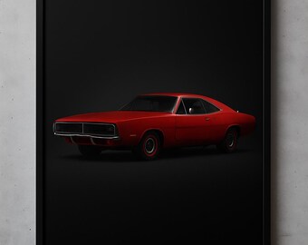 Plakat Dodge'a Chargera z 1970 roku: Sztuka klasycznych muscle carów (pliki do pobrania w formacie cyfrowym A2-A4 PNG i PDF)