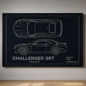 Dodge Challenger SRT Hellcat Blueprint Art | Modern Muscle Car Poster (Instant Download)